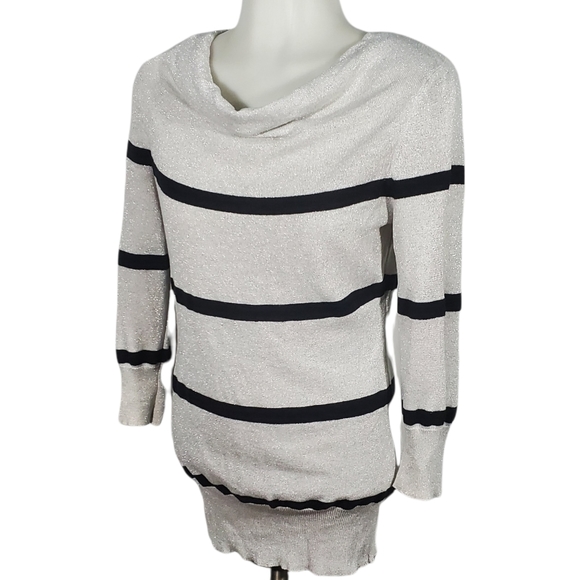 JJ BASICS Silver Sparkle Sweater With Black Stripe Size Medium - Picture 2 of 9